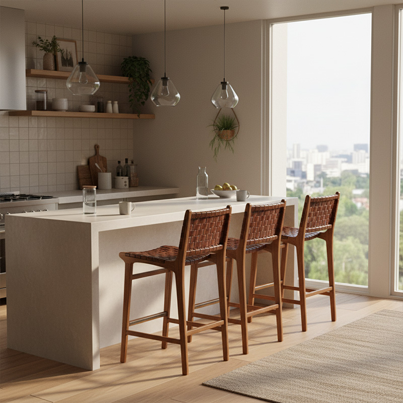 EKAR Sonoma Hand-Woven Leather Bar Stool with Solid Teak Frame