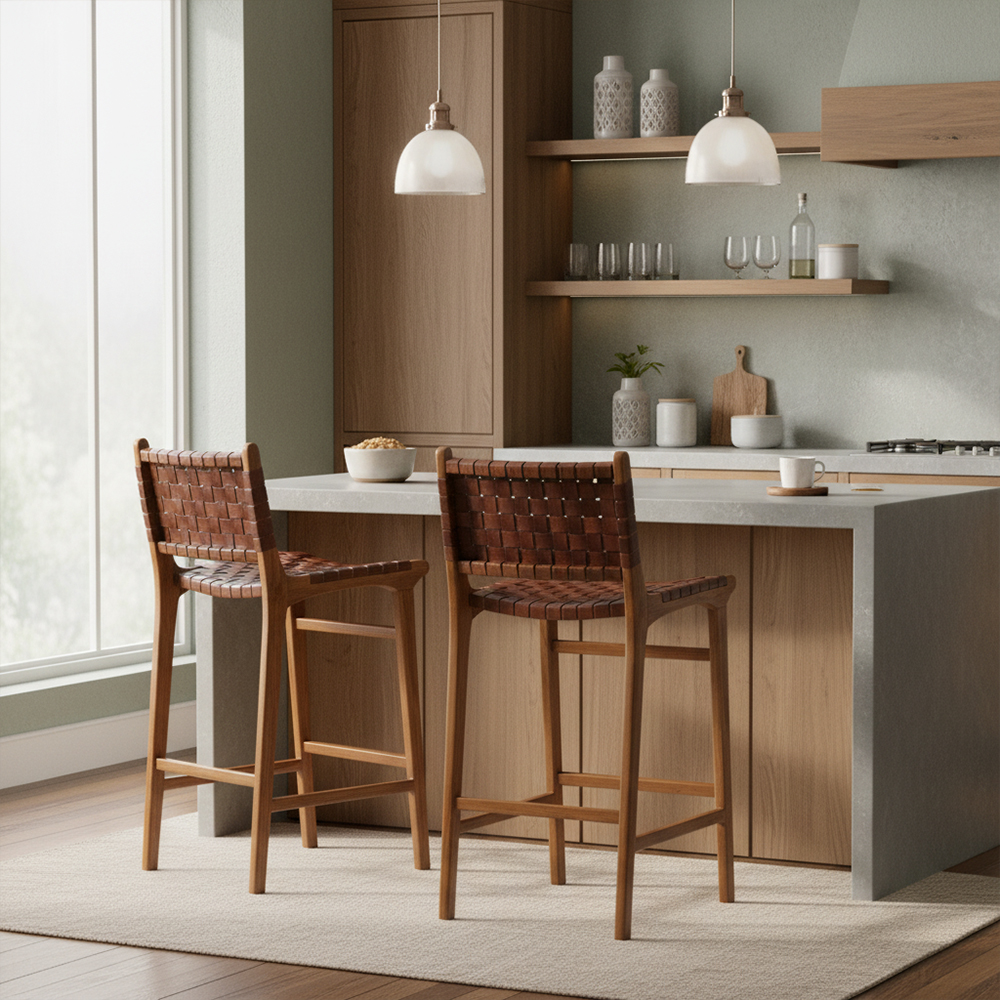 EKAR Sonoma Hand-Woven Leather Bar Stool with Solid Teak Frame