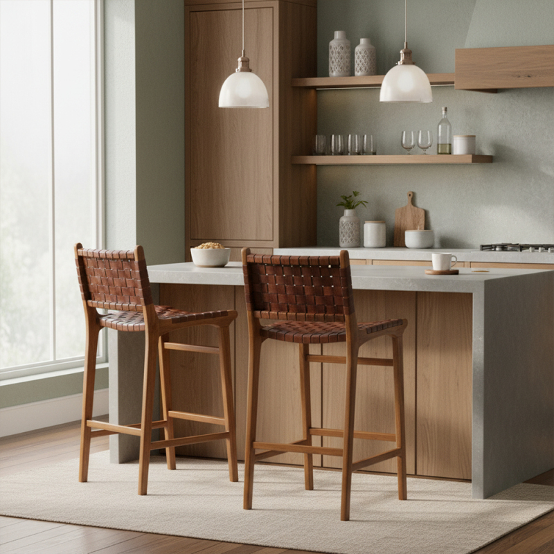 EKAR Sonoma Hand-Woven Leather Bar Stool with Solid Teak Frame