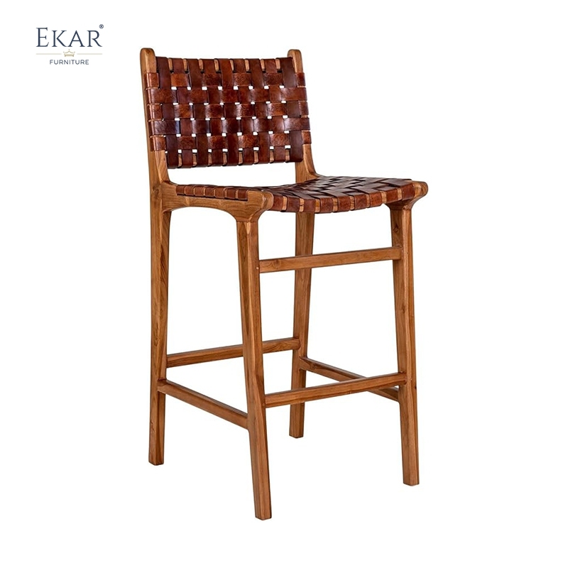 EKAR Sonoma Hand-Woven Leather Bar Stool with Solid Teak Frame