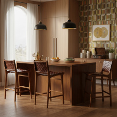 EKAR Sonoma Hand-Woven Leather Bar Stool with Solid Teak Frame