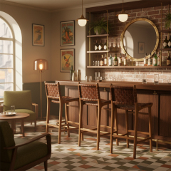 EKAR Sonoma Hand-Woven Leather Bar Stool with Solid Teak Frame