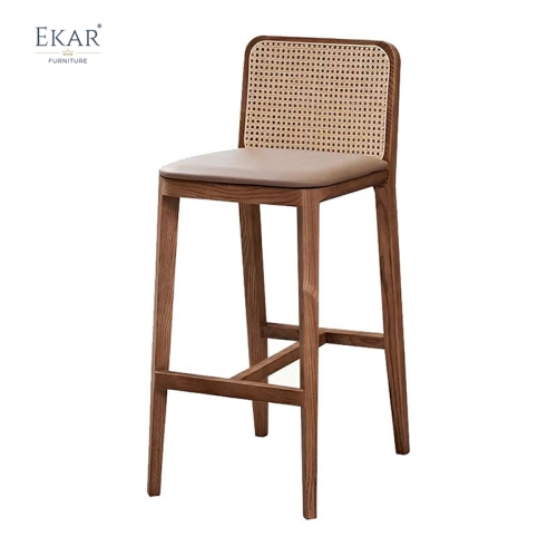 EKAR Tulum Mid-Century Modern Rattan &amp; Solid Wood Bar Stool
