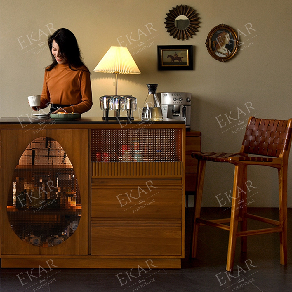 EKAR Sonoma Hand-Woven Leather Bar Stool with Solid Teak Frame