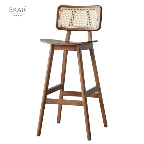 EKAR Havana Mid-Century Walnut Bar Stool with Cane Webbing Backrest