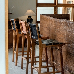EKAR Sonoma Hand-Woven Leather Bar Stool with Solid Teak Frame