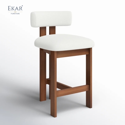 EKAR Arlo Minimalist Solid Wood Bar Stool with Plush White Bouclé Seat