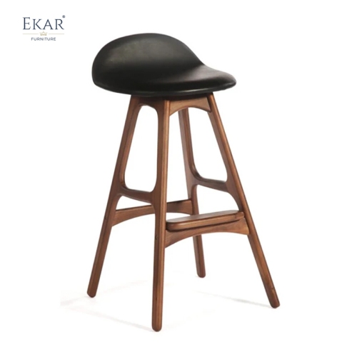 EKAR Oslo Sculptural Walnut Bar Stool with Contoured Black Leather Seat
