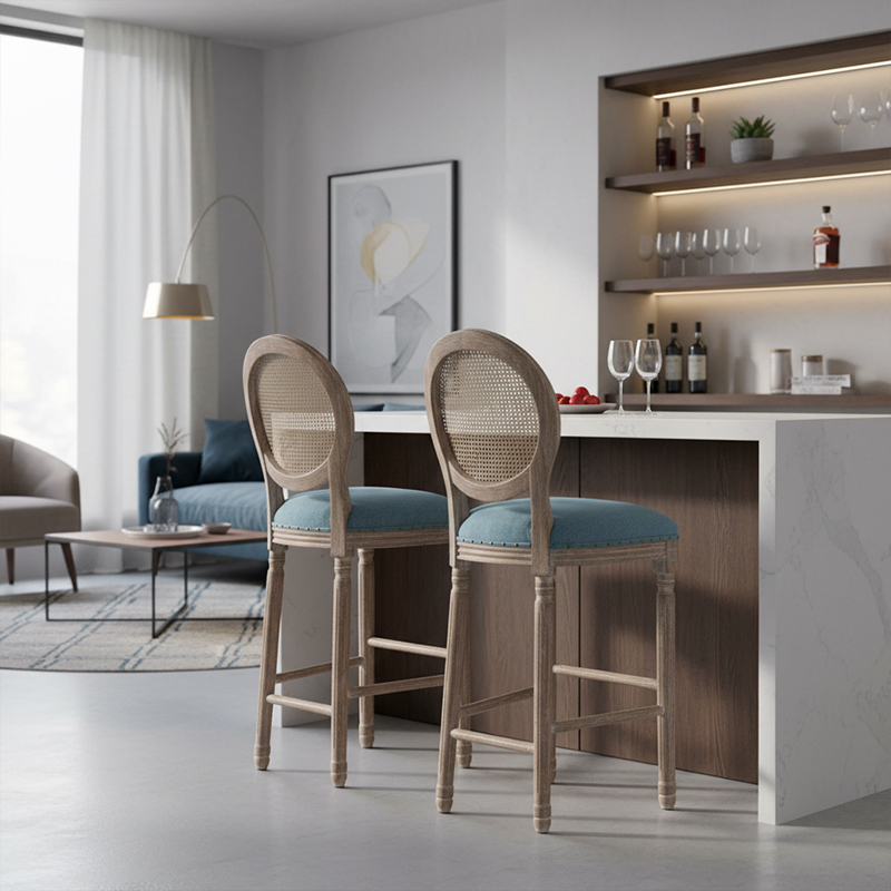 EKAR Provence French Country Cane Back Bar Stool with Distressed Wood Finish