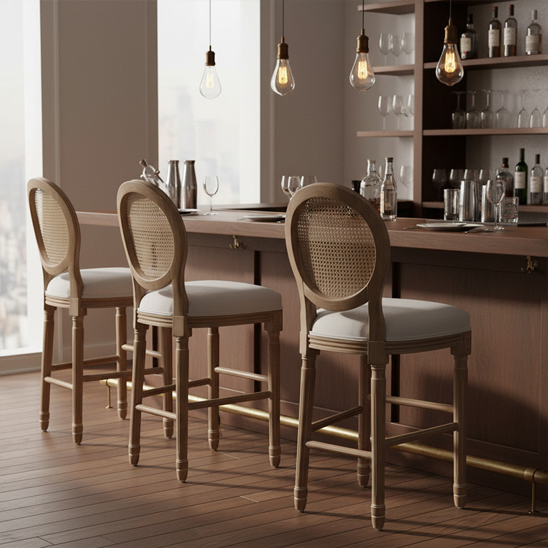 EKAR Provence French Country Cane Back Bar Stool with Distressed Wood Finish