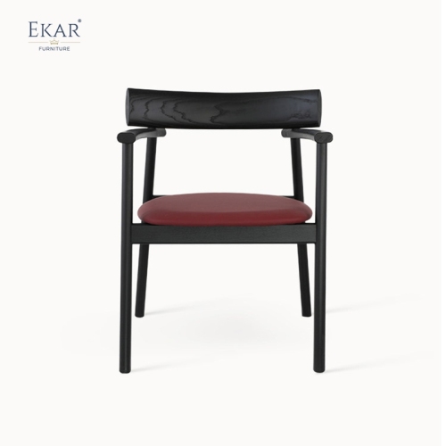 EKAR Raven Sculptural Black Wood Dining Armchair with Deep Burgundy Seat
