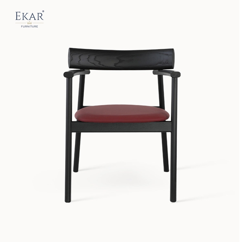 EKAR Raven Sculptural Black Wood Dining Armchair with Deep Burgundy Seat
