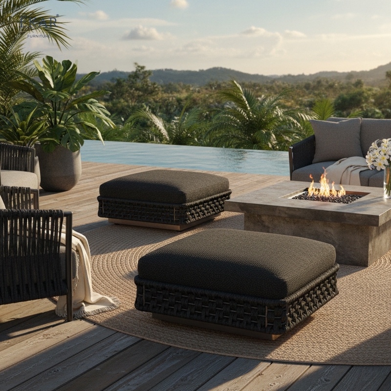 Bastion Woven Outdoor Ottoman Stool – Luxury Weather-Resistant Patio Seating