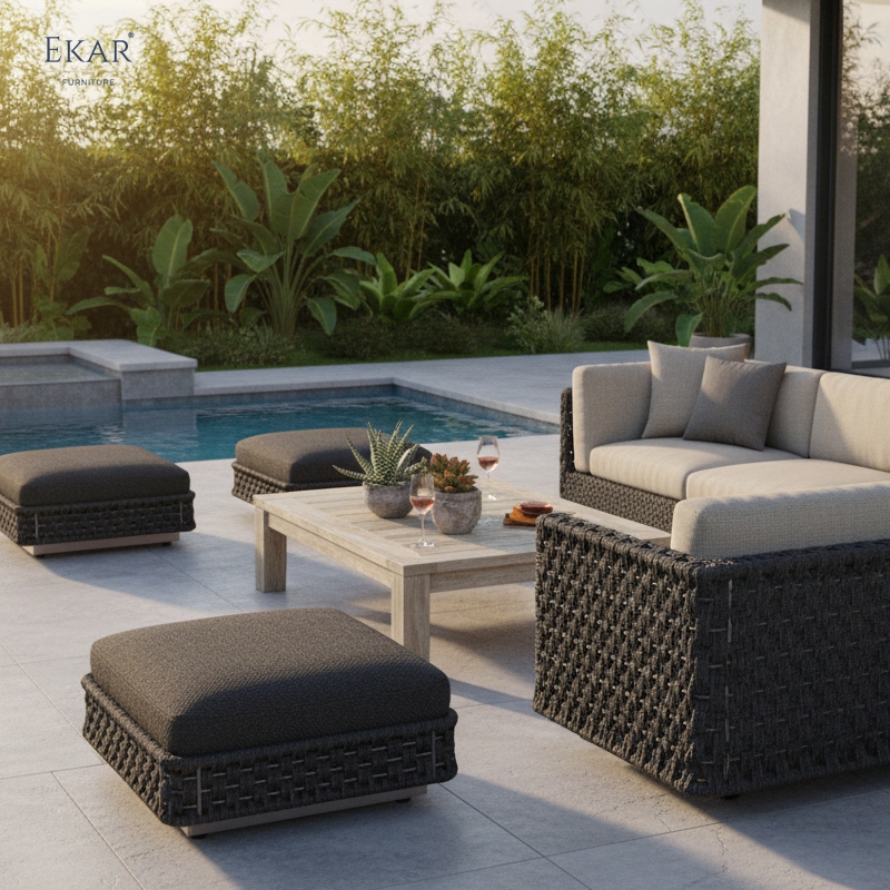 Bastion Woven Outdoor Ottoman Stool – Luxury Weather-Resistant Patio Seating