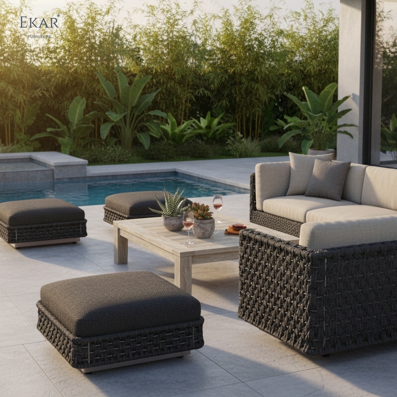 Bastion Woven Outdoor Ottoman Stool – Luxury Weather-Resistant Patio Seating