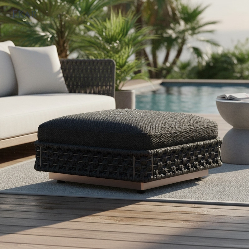 Bastion Woven Outdoor Ottoman Stool – Luxury Weather-Resistant Patio Seating