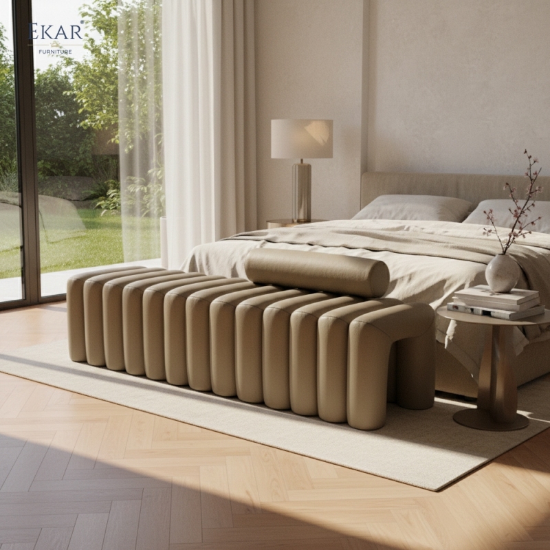 Modern Luxury Bed End Bench | Fluted Upholstered Bedroom Seating | EKAR FURNITURE