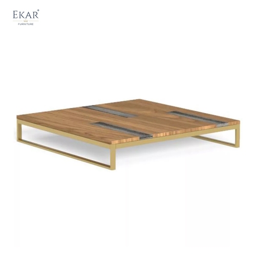 STRATA Outdoor Coffee Table | Teak Wood &amp; Marble Top Metal Frame Patio Table | EKAR FURNITURE