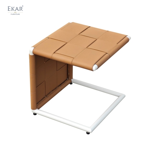 LACE Outdoor Woven Leather Side Table | Modern Patio End Table Metal Frame | EKAR FURNITURE