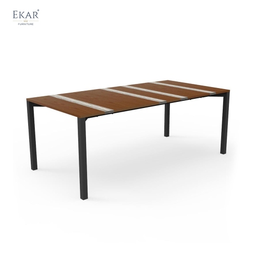 STRATA Outdoor Dining Table | Teak Wood &amp; Stone Inlay Metal Frame Patio Table | EKAR FURNITURE