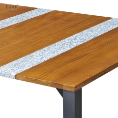 STRATA Outdoor Dining Table | Teak Wood & Stone Inlay Metal Frame Patio Table | EKAR FURNITURE