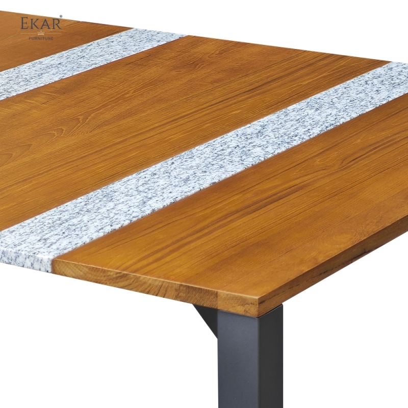 STRATA Outdoor Dining Table | Teak Wood & Stone Inlay Metal Frame Patio Table | EKAR FURNITURE