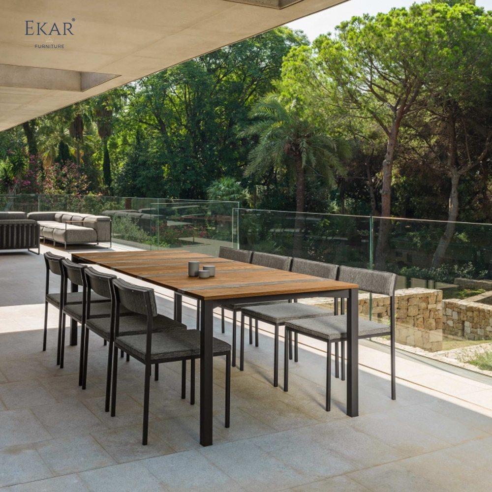 STRATA Outdoor Dining Table | Teak Wood & Stone Inlay Metal Frame Patio Table | EKAR FURNITURE