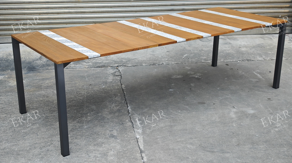 STRATA Outdoor Dining Table | Teak Wood & Stone Inlay Metal Frame Patio Table | EKAR FURNITURE