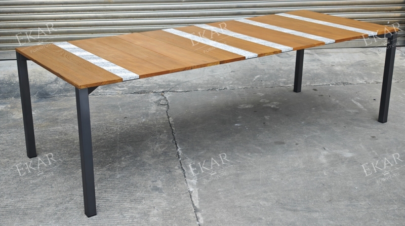 STRATA Outdoor Dining Table | Teak Wood & Stone Inlay Metal Frame Patio Table | EKAR FURNITURE