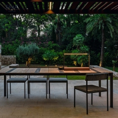 STRATA Outdoor Dining Table | Teak Wood & Stone Inlay Metal Frame Patio Table | EKAR FURNITURE