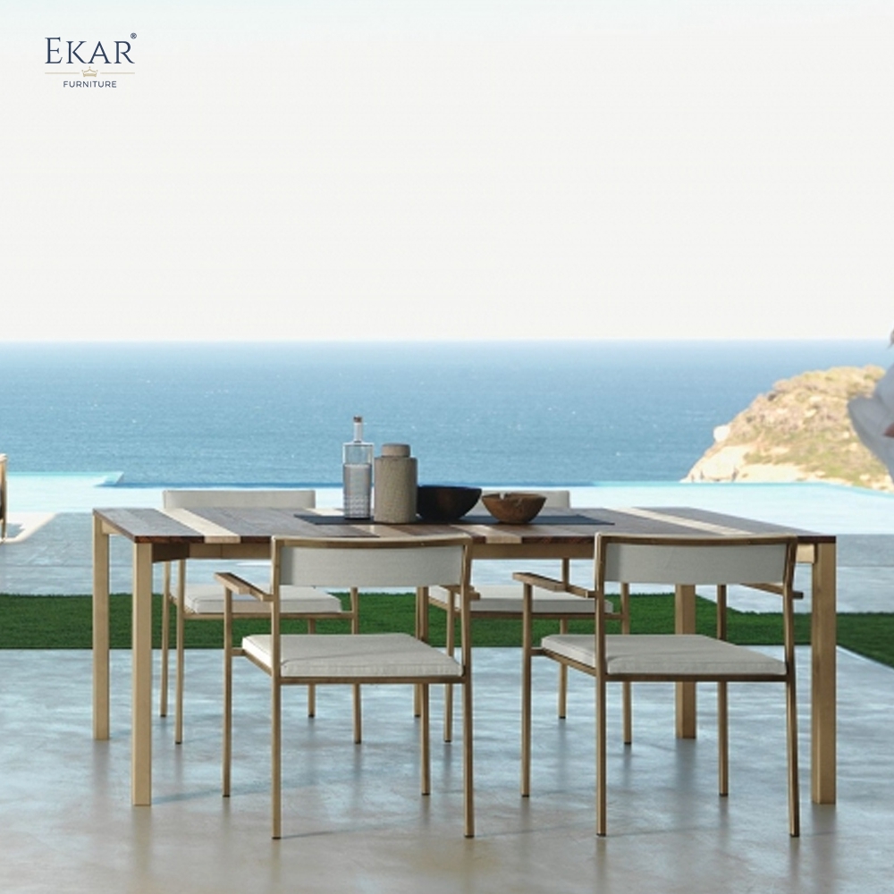 STRATA Outdoor Dining Table | Teak Wood & Stone Inlay Metal Frame Patio Table | EKAR FURNITURE