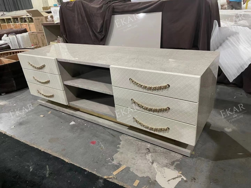 Contemporary Leather Long Veneer Table Top High Gloss Tv Stand