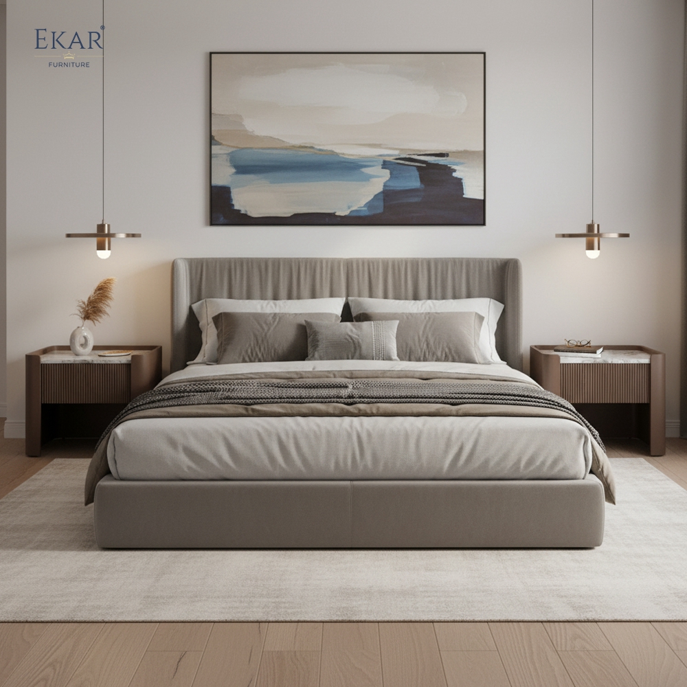 EKAR Fluted Panel Marble Top Nightstand | Modern Minimalist Bedroom Bedside Cabinet | EKAR FURNITURE