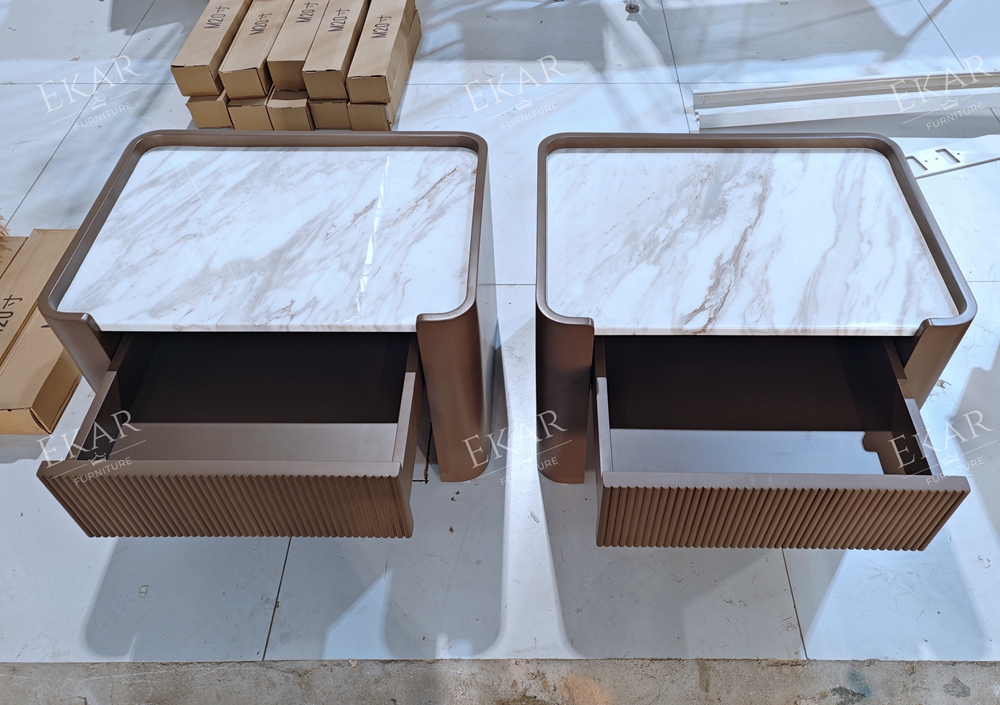 EKAR Fluted Panel Marble Top Nightstand | Modern Minimalist Bedroom Bedside Cabinet | EKAR FURNITURE
