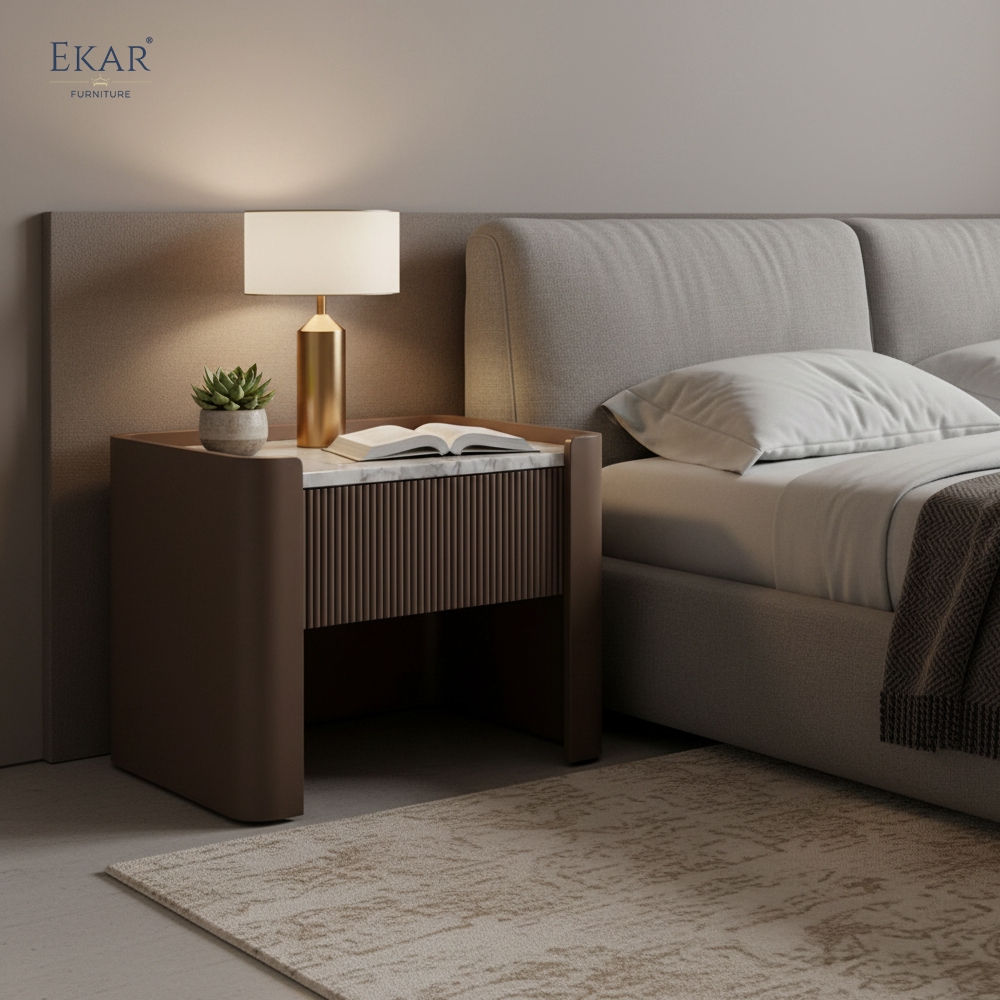 EKAR Fluted Panel Marble Top Nightstand | Modern Minimalist Bedroom Bedside Cabinet | EKAR FURNITURE