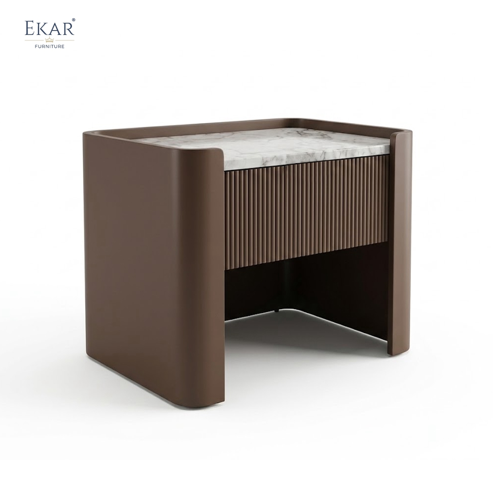 EKAR Fluted Panel Marble Top Nightstand | Modern Minimalist Bedroom Bedside Cabinet | EKAR FURNITURE