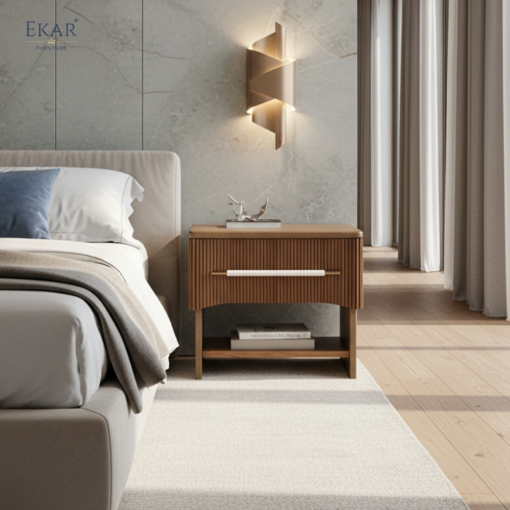 EKAR Ribbed Walnut Modern Nightstand | Contemporary Wooden Bedside Table with Drawer Storage
