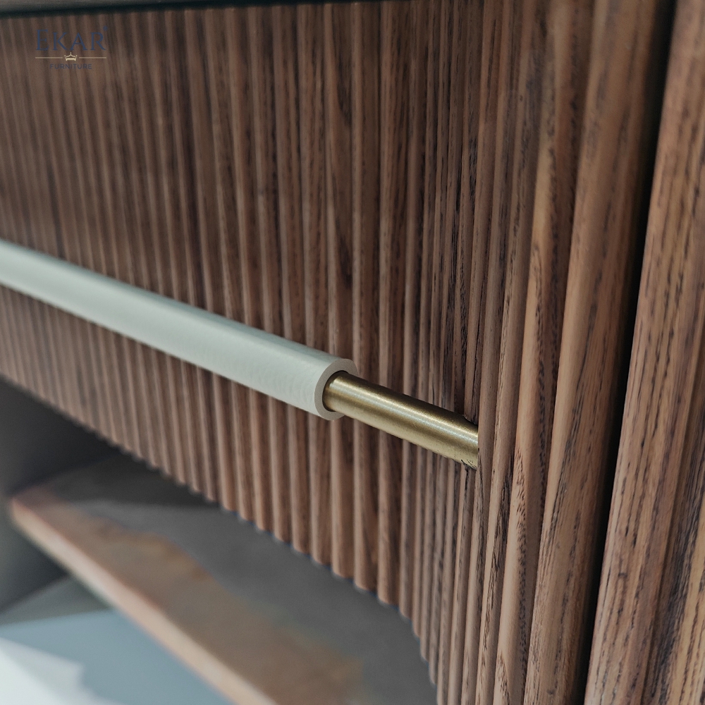 EKAR Ribbed Walnut Modern Nightstand | Contemporary Wooden Bedside Table with Drawer Storage