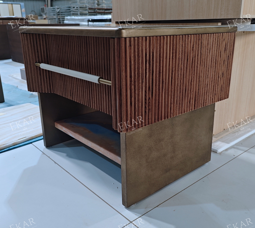EKAR Ribbed Walnut Modern Nightstand | Contemporary Wooden Bedside Table with Drawer Storage