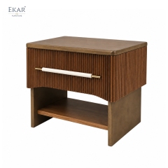 EKAR Ribbed Walnut Modern Nightstand | Contemporary Wooden Bedside Table with Drawer Storage