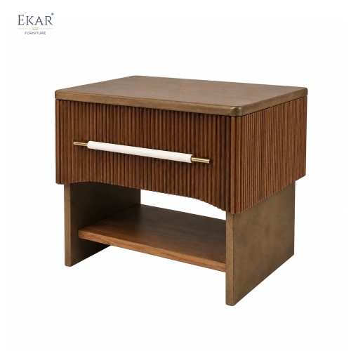 EKAR Ribbed Walnut Modern Nightstand | Contemporary Wooden Bedside Table with Drawer Storage