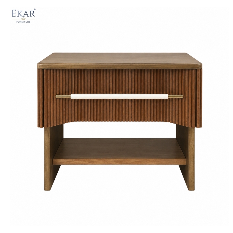 EKAR Ribbed Walnut Modern Nightstand | Contemporary Wooden Bedside Table with Drawer Storage