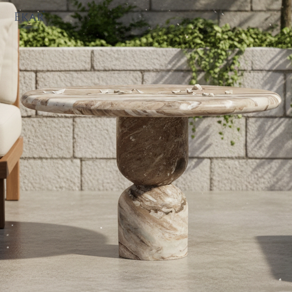 Totem Marble Outdoor Dining Table | Round Stone Outdoor Table | EKAR FURNITURE