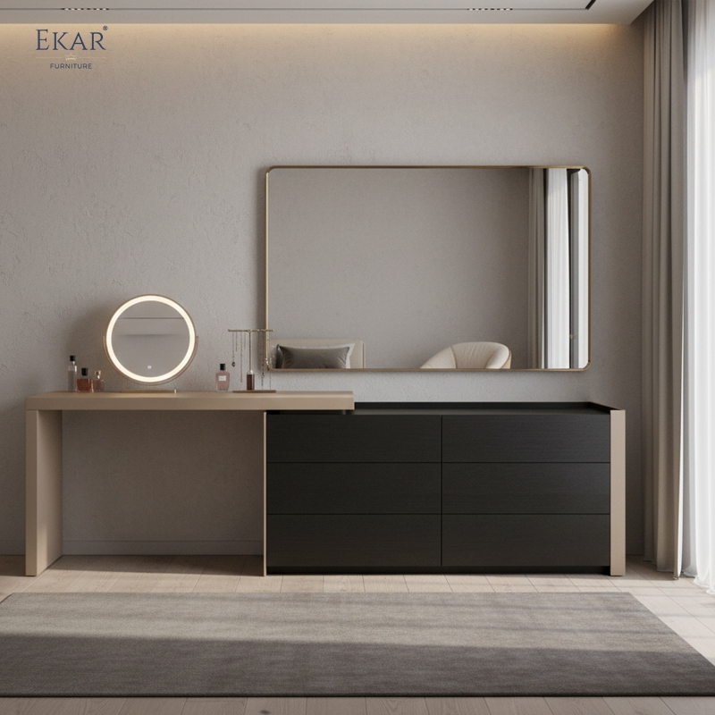 Viera Modular Vanity Desk & Dresser — Two-Tone Makeup Dressing Table with 6 Drawers
