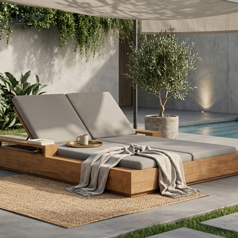 Solstice Teak-Style Double Outdoor Daybed | Luxury Modern Sun Lounger by EKAR FURNITURE