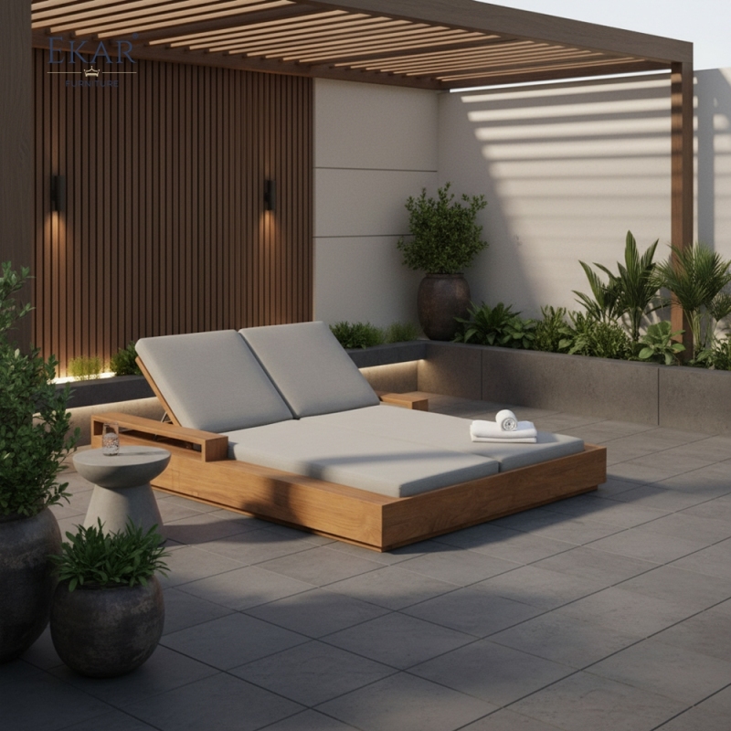 Solstice Teak-Style Double Outdoor Daybed | Luxury Modern Sun Lounger by EKAR FURNITURE
