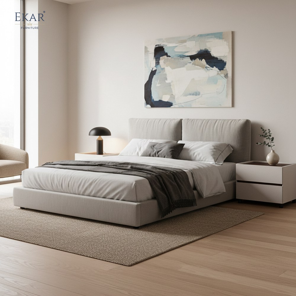Linen Two-Drawer Nightstand | Modern Minimalist Fabric Bedside Table | EKAR FURNITURE