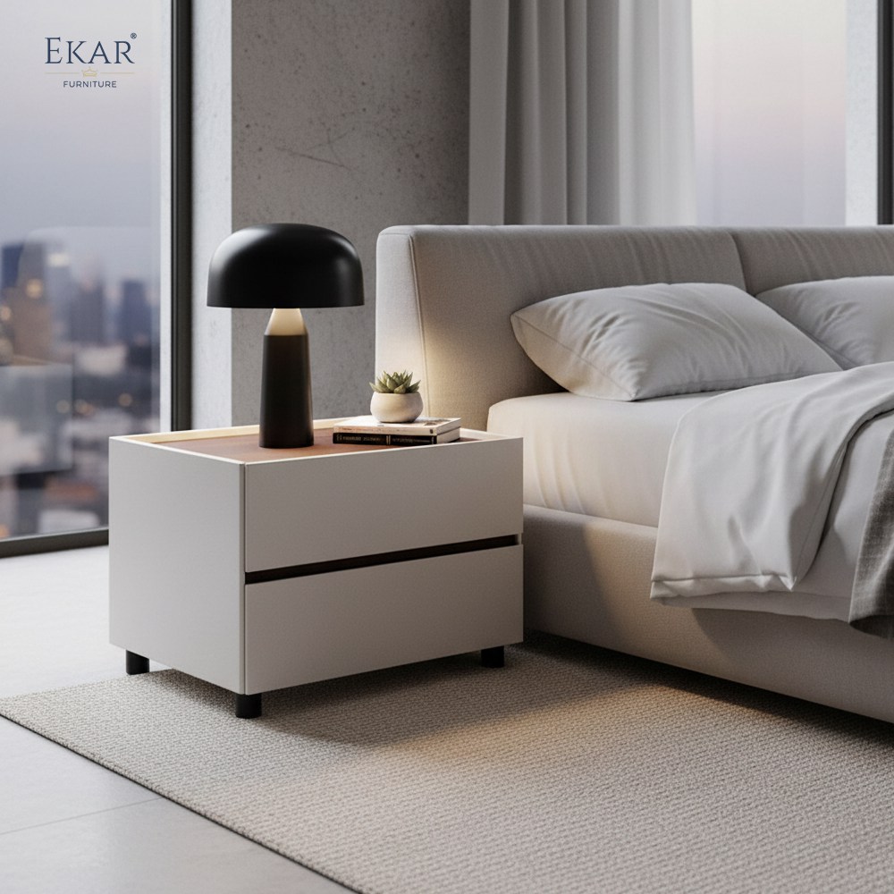 Linen Two-Drawer Nightstand | Modern Minimalist Fabric Bedside Table | EKAR FURNITURE