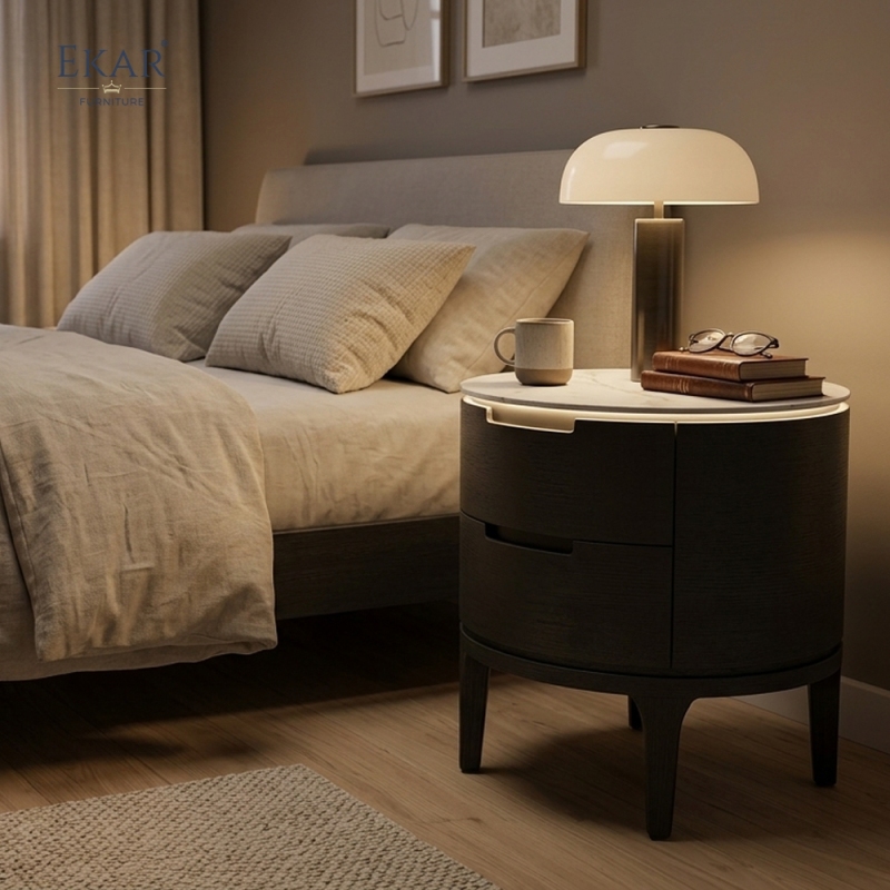 Eclipse Circular Marble-Top Nightstand | Modern Luxury Bedside Table by EKAR FURNITURE