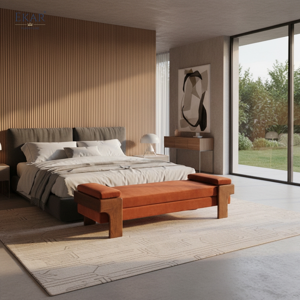 Block Leg Upholstered Bed Bench | Modern Solid Wood Bedroom Bench with Fabric Seat | EKAR FURNITURE